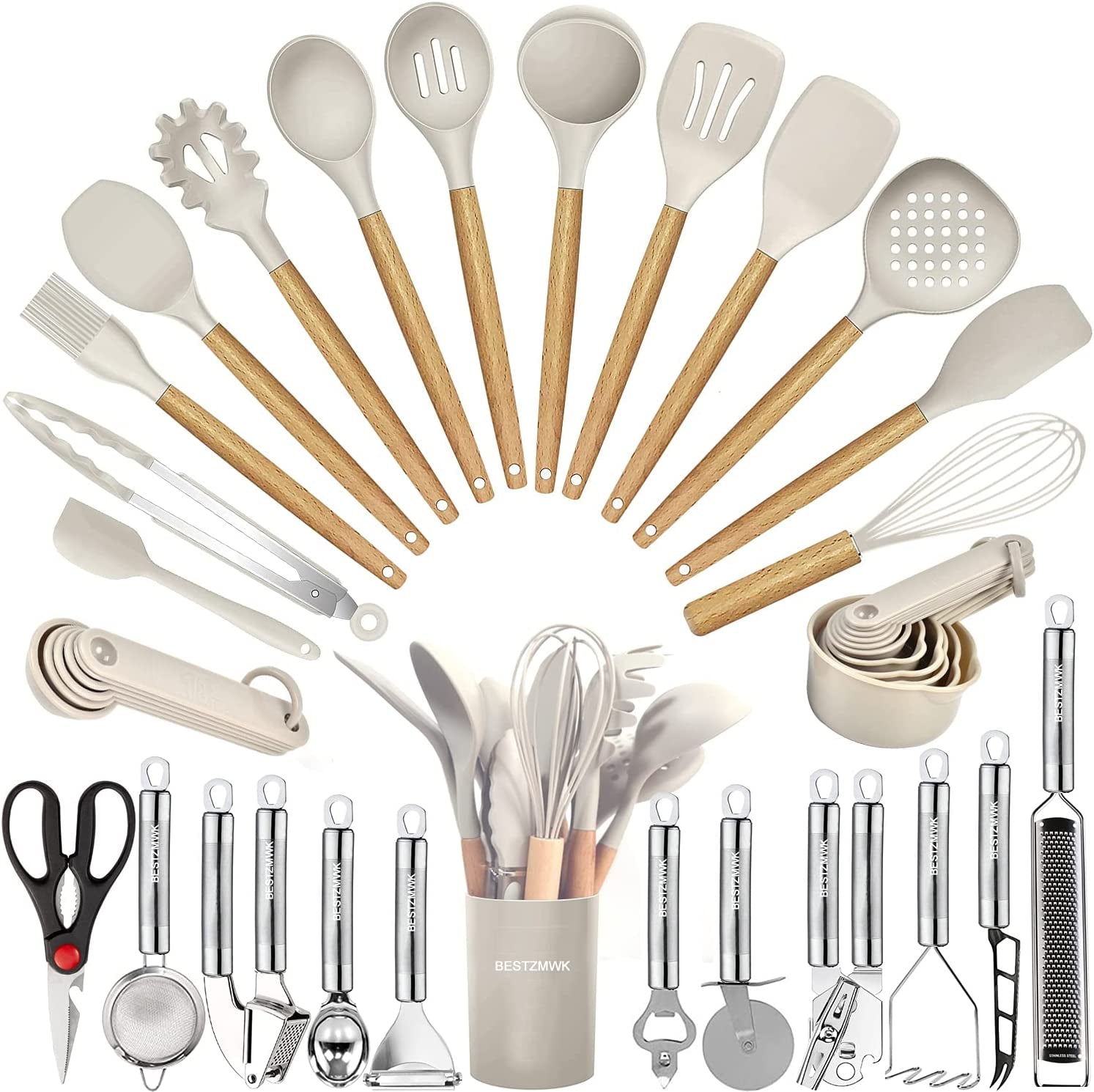  33 PCS Silicone Cooking Utensils Set, Kitchen Utensils Spatula  Set with Holder, Wooden Handles Heat Resistant & BPA Free & Non-Toxic -Best Kitchen  Gadgets Tools for Cookware(Gray) : Home & Kitchen