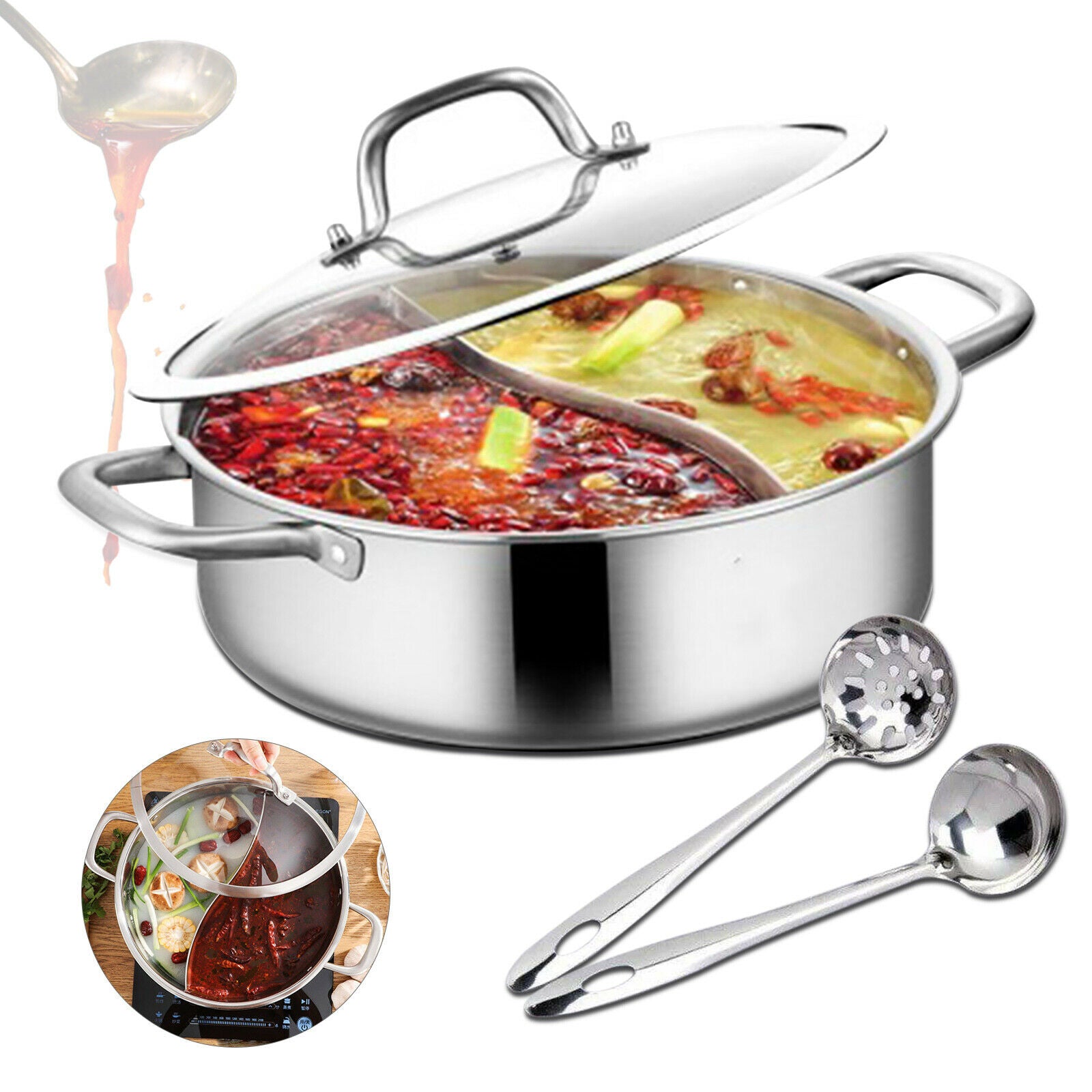 Dual Sided Hot Pot Divided 2 Grid Soup Base Cooker Hot Pot With