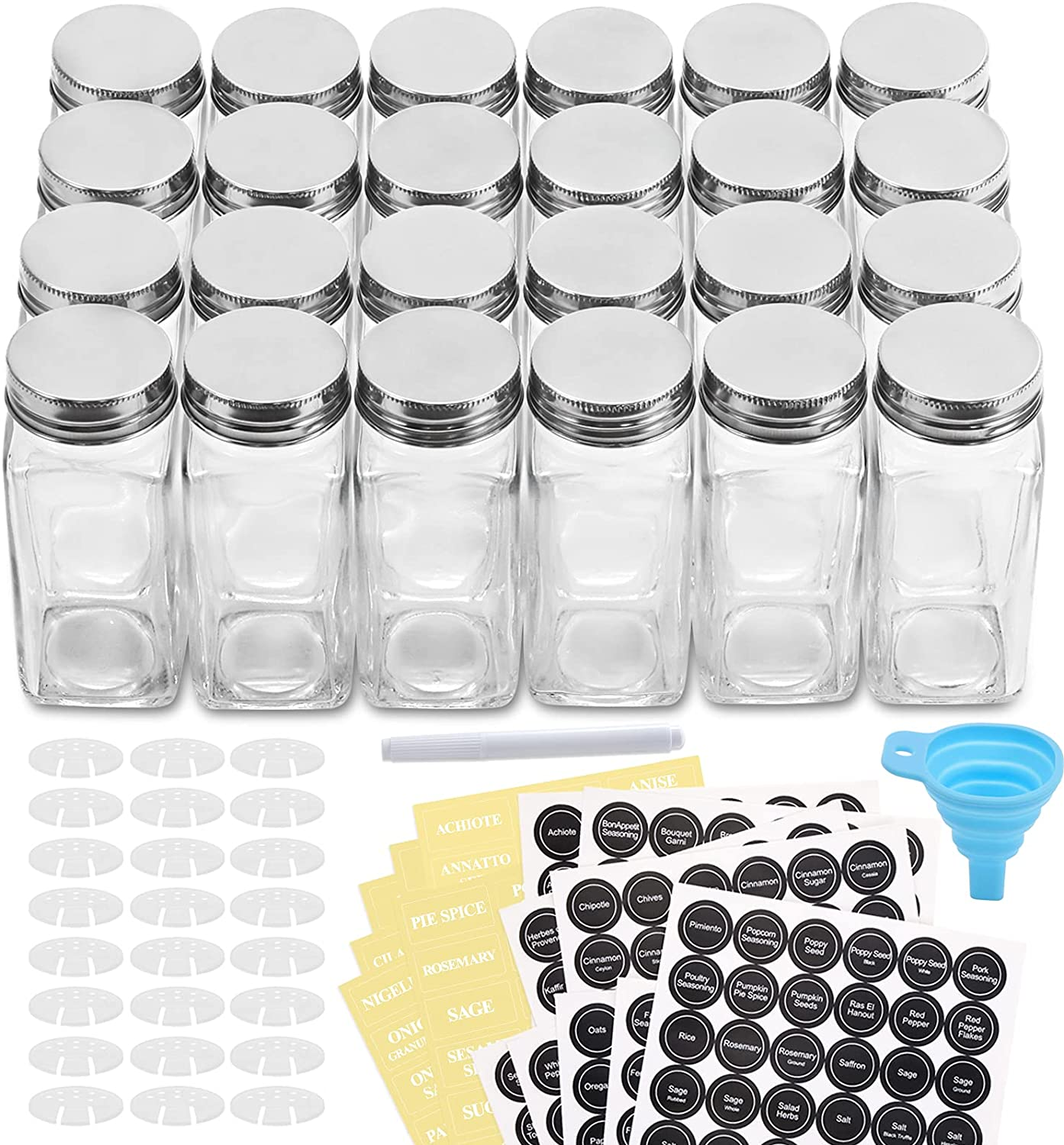  24 Pcs, 4oz Glass Spice Jars/Bottles With Spice Labels, Shaker Lids & Airtight Metal Caps - Silicone Collapsible Funnel Included