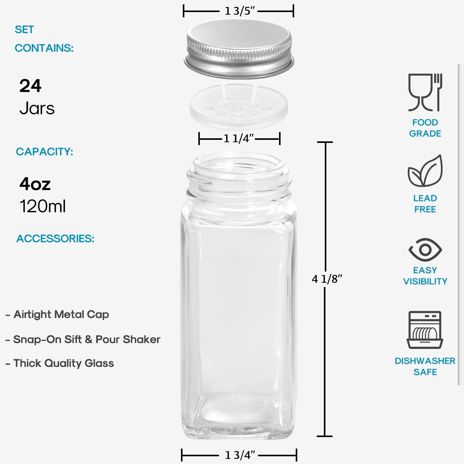  24 Pcs, 4oz Glass Spice Jars/Bottles With Spice Labels, Shaker Lids & Airtight Metal Caps - Silicone Collapsible Funnel Included