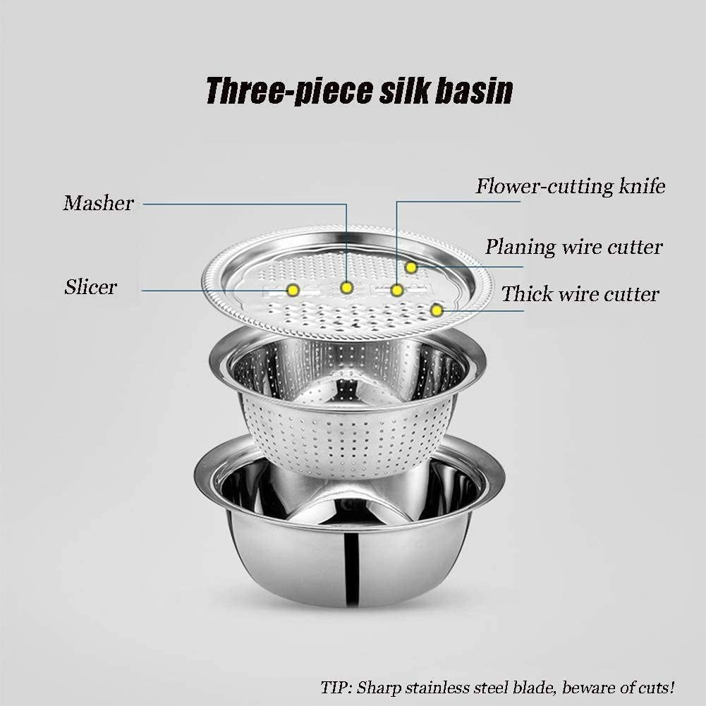 Stainless Steel Basin with Grater 3 in 1 Vegetable Cutter with Drain Basket, Washing Bowl Set 