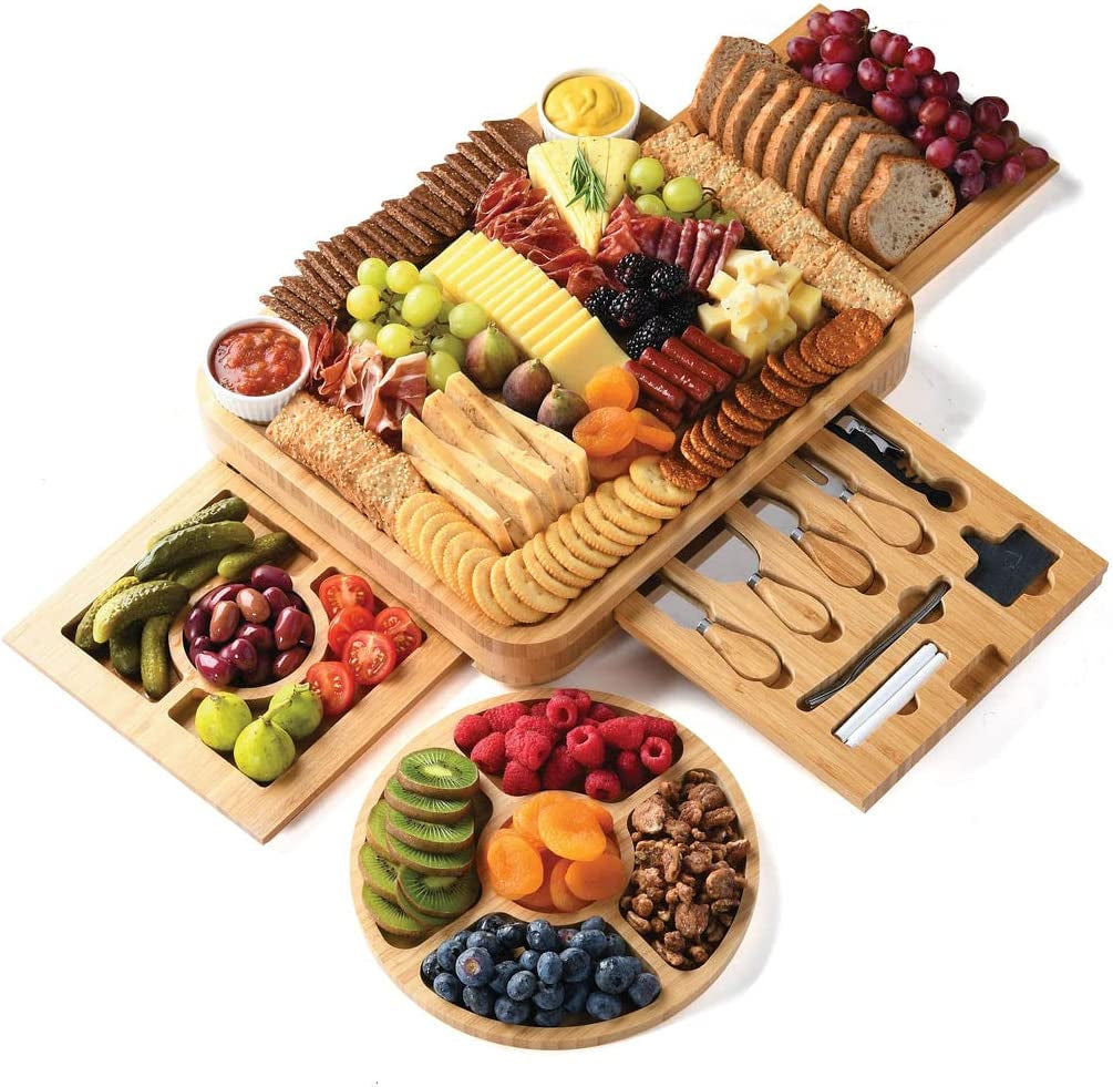 Bamboo Cheese and Meat Board - Charcuterie Board with Serving Utensils, Cutlery, Trays, Ceramic Bowls