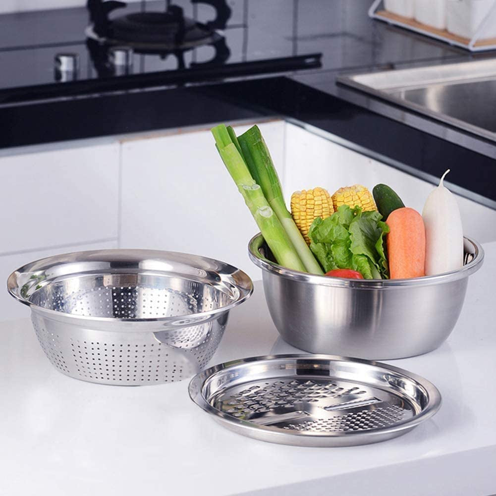 Stainless Steel Basin with Grater 3 in 1 Vegetable Cutter with Drain Basket, Washing Bowl Set 