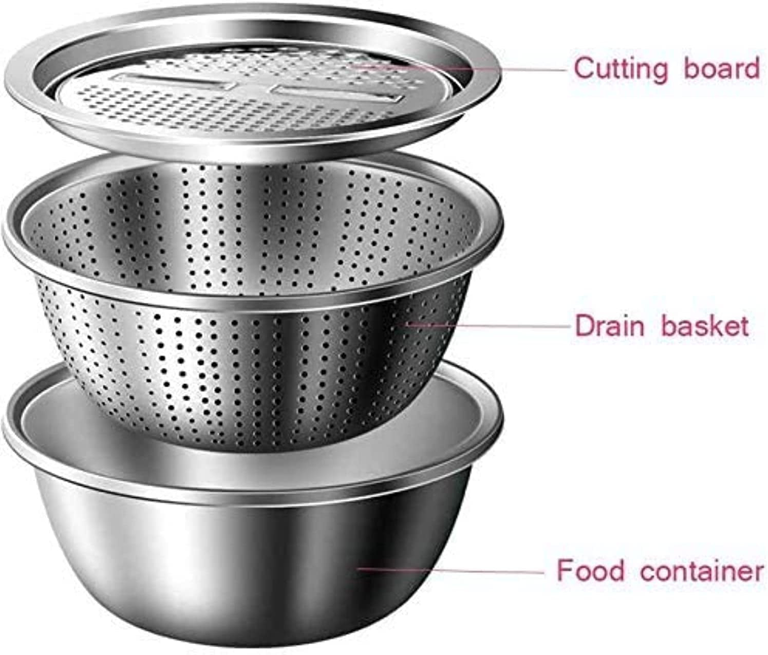 Stainless Steel Basin with Grater 3 in 1 Vegetable Cutter with Drain Basket, Washing Bowl Set 