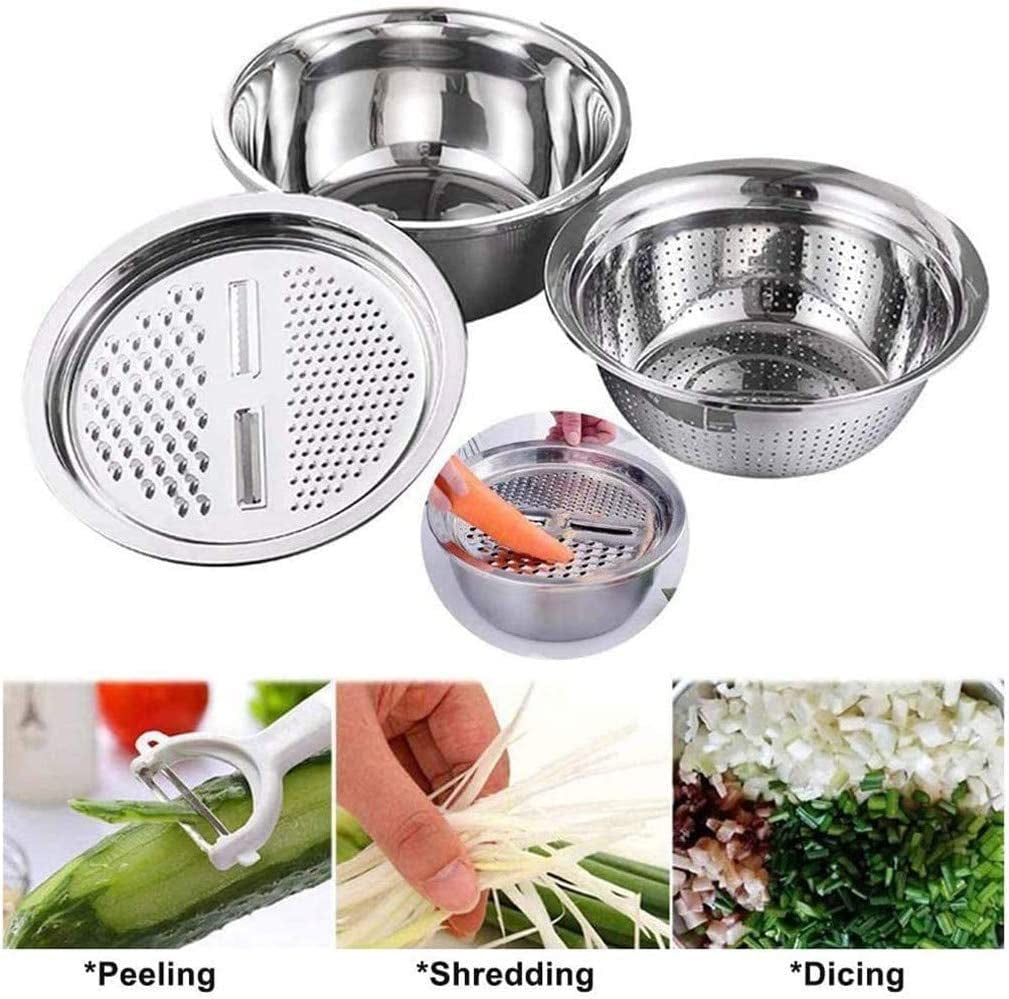 Stainless Steel Basin with Grater 3 in 1 Vegetable Cutter with Drain Basket, Washing Bowl Set 