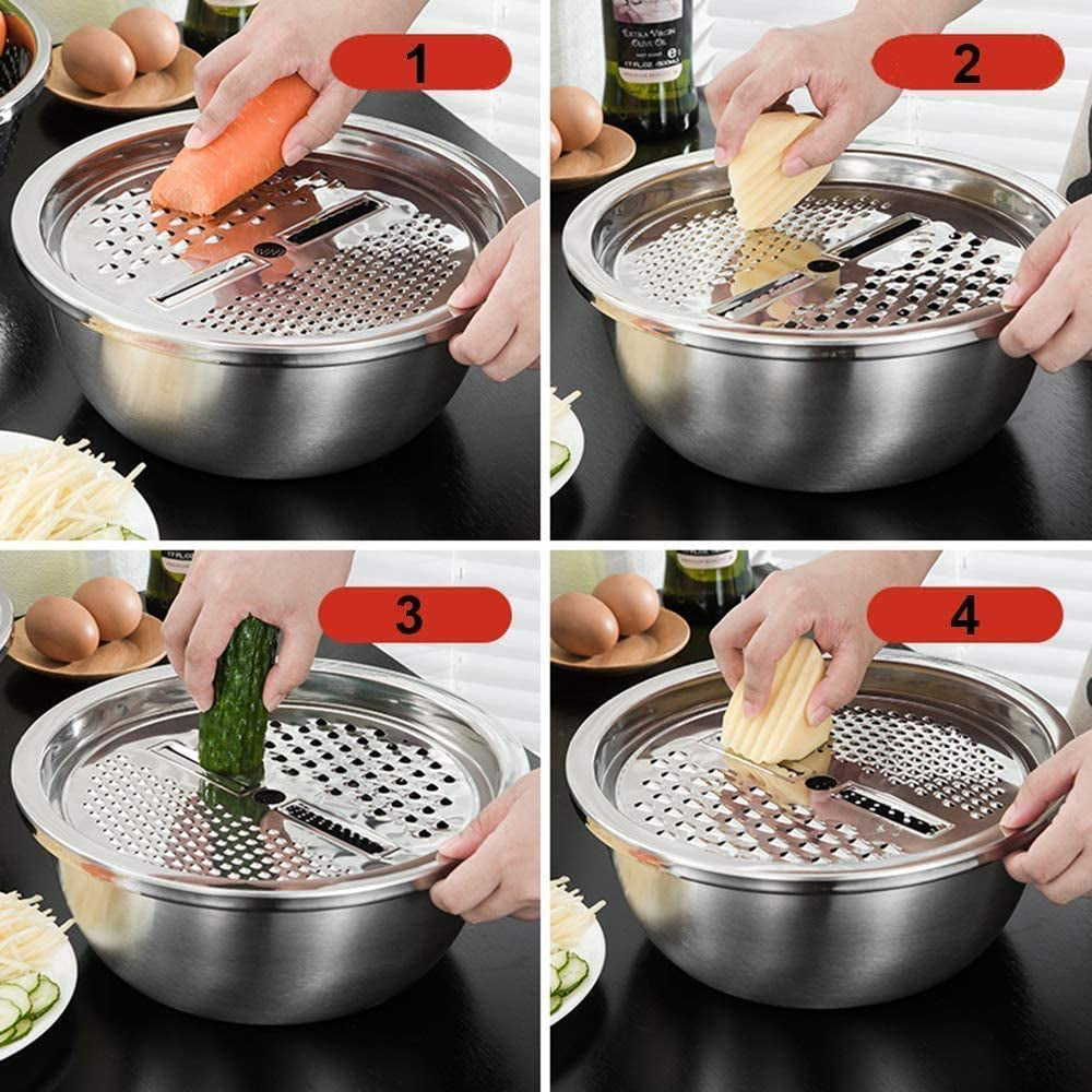 Stainless Steel Basin with Grater 3 in 1 Vegetable Cutter with Drain Basket, Washing Bowl Set 