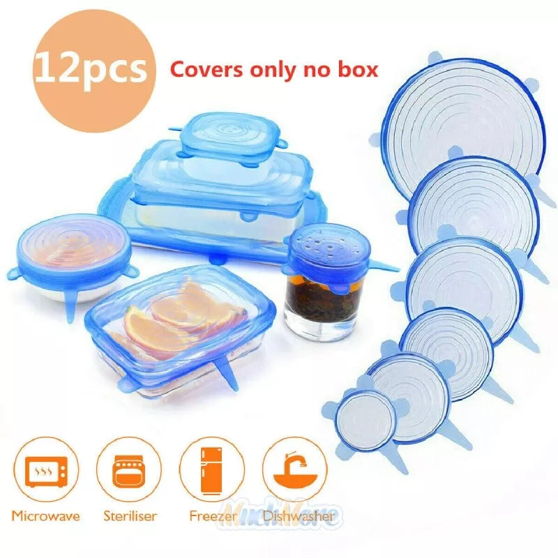 12 Pcs Reusable Silicone Lids Kitchen Fresh Food Storage Stretch Wraps Seal Cover