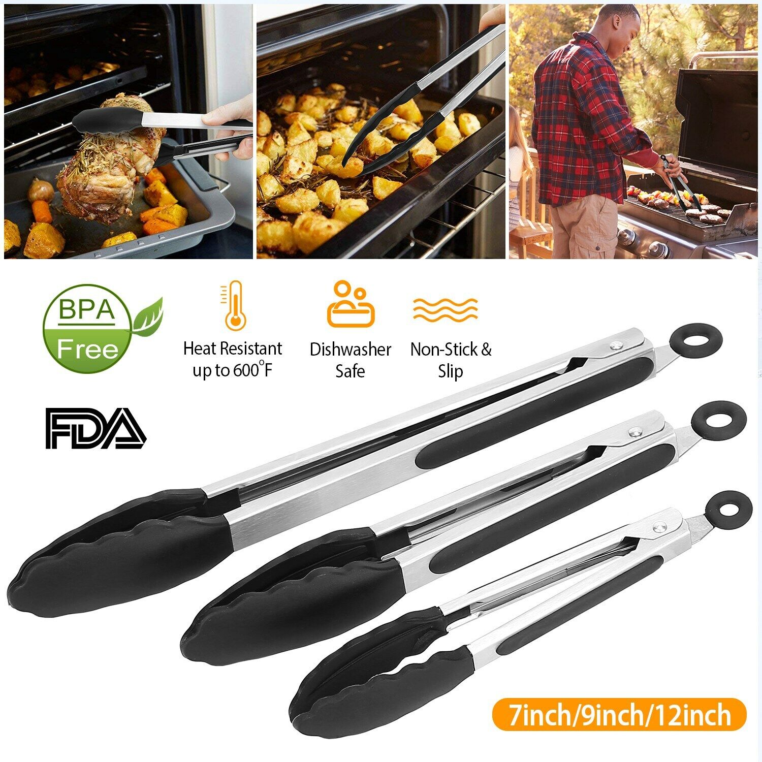 3 Pack Stainless Steel  Cooking Tongs Set