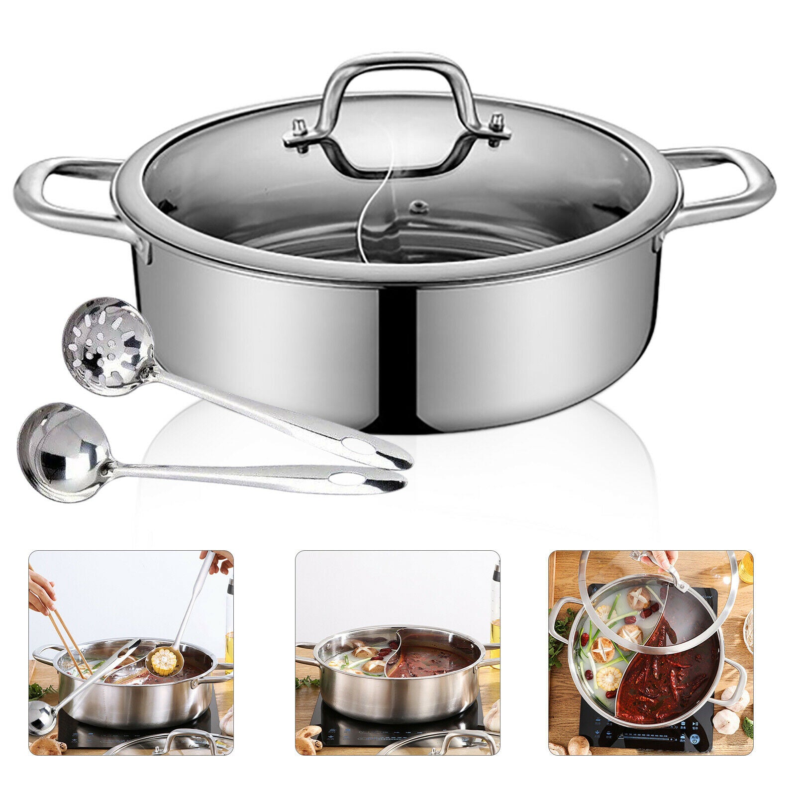 12 Inch Hot Pot, 5l Stainless Steel Two Grid Hot Pot, Chinese Type Dual  Sided Soup Cookware With Comfortable Grip Handle And Clear Lids For  Gathering