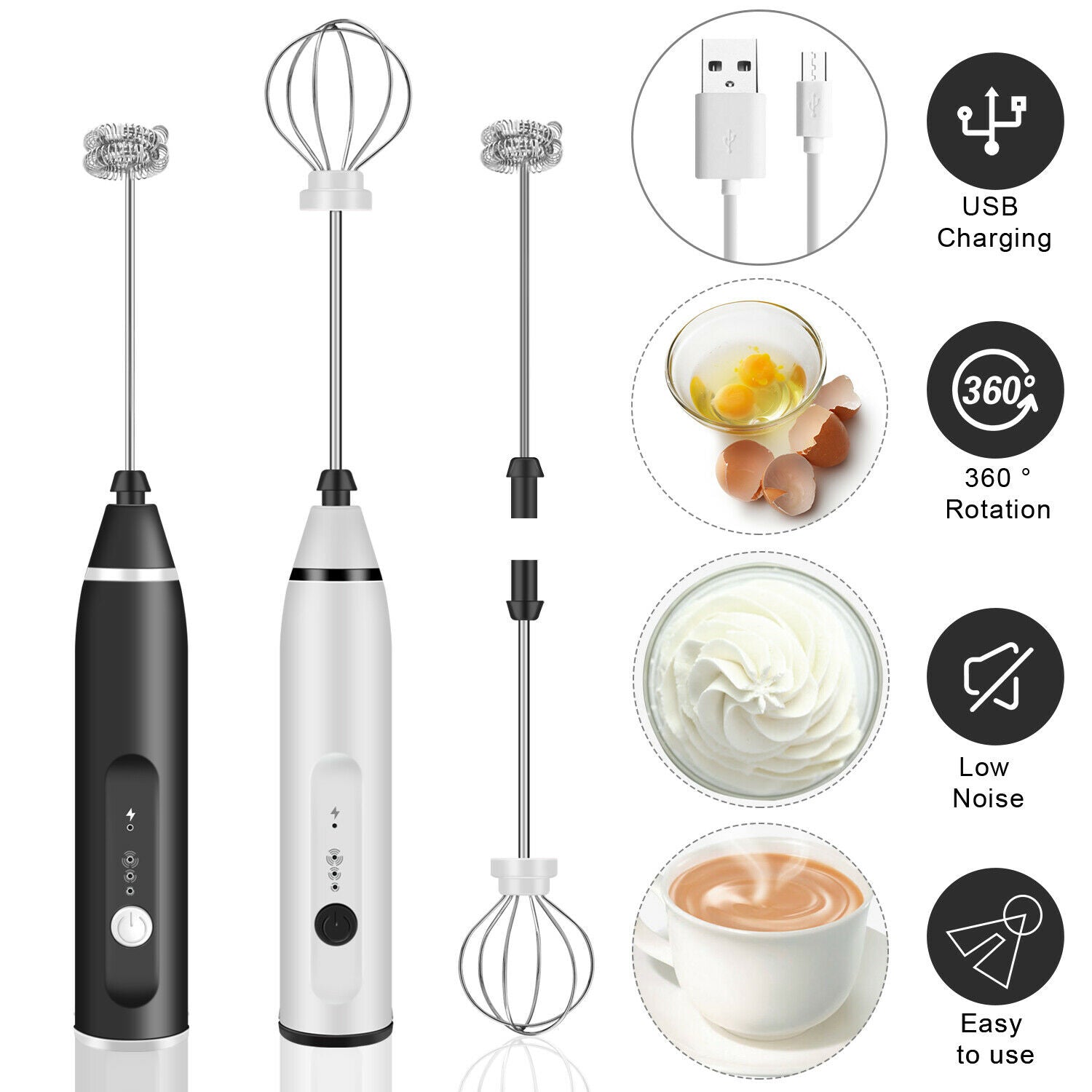 Electric Milk Frother USB Rechargeable 3 Speeds Handheld Whisk